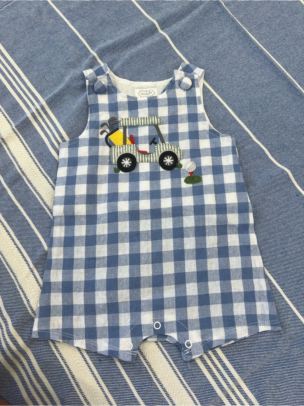 Mud Pie Blue and White Gingham Baby Romper with Golf Applique